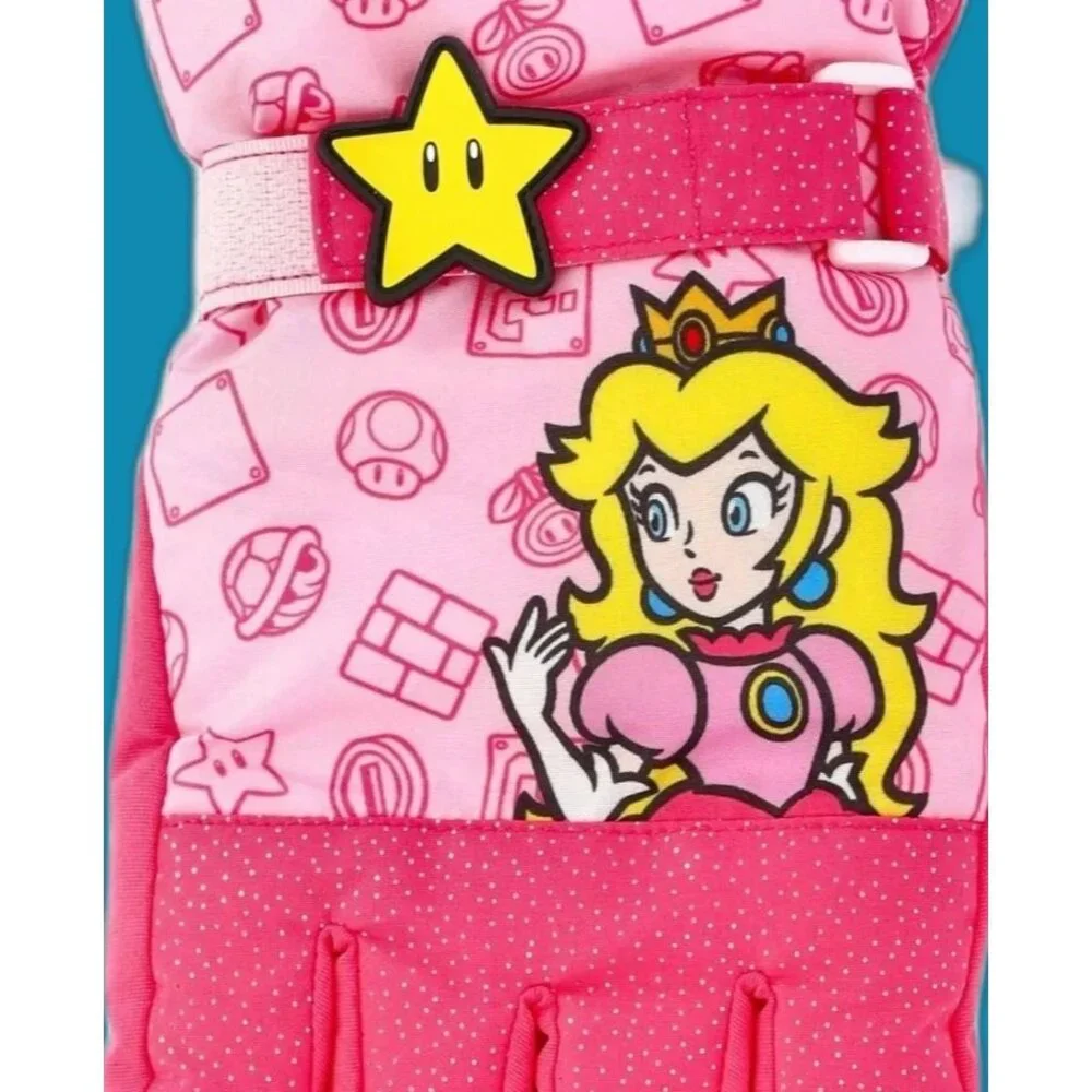 Super Mario Princess Peach Insulated Gloves 3M GIRLS SIZE L-XL Pink Ski NEW